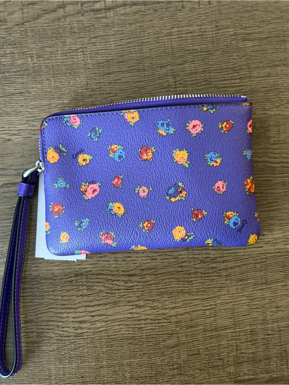 COACH Mini Vintage Rose Print Corner Zip Wristlet Sport Purple - Picture 5 of 6